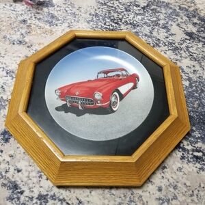 Red & White 1957 Corvette Collector Plate Framed In A Wood And Glass Octagon Fra